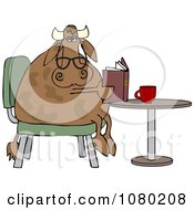 Poster, Art Print Of Cow With Reading Glasses Sitting At A Table With Coffee And A Book