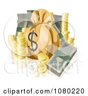 Poster, Art Print Of Bundled Cash Stacked Coins And A Money Sack