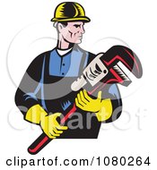 Poster, Art Print Of Retro Plumber Holding A Large Monkey Wrench