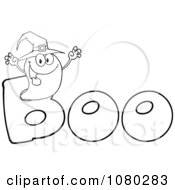 Clipart Outlined Scaring Ghost Wearing A Witch Hat In The Word BOO Royalty Free Vector Illustration
