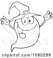 Clipart Outlined Spooky Ghost Wearing A Witch Hat Royalty Free Vector Illustration