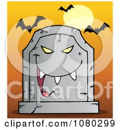 Clipart Laughing Evil Tombstone Under Bats On Orange Royalty Free Vector Illustration
