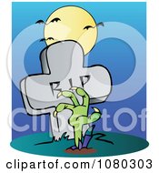 Clipart Green Zombie Hand Reaching Up From The Earth In Front Of A Tombstone Royalty Free Vector Illustration