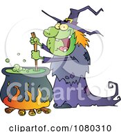 Warty Halloween Witch Stirring A Potion In A Cauldron