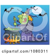 Poster, Art Print Of Warty Halloween Witch Stirring A Potion Under Bats On Blue