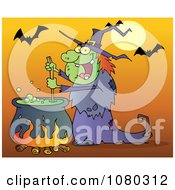 Poster, Art Print Of Warty Halloween Witch Stirring A Potion Under Bats On Orange
