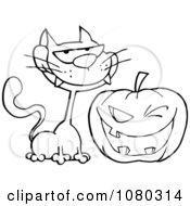 Poster, Art Print Of Outlined Grinning Cat And Winking Halloween Jackolantern Pumpkin