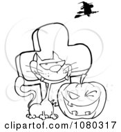 Poster, Art Print Of Outlined Cat And Winking Halloween Jackolantern Pumpkin By A Tombstone- Royalty Free Vector Illustration