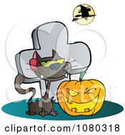 Poster, Art Print Of Clipart Black Cat And Winking Halloween Jackolantern Pumpkin By A Tombstone- Royalty Free Vector Illustration