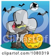 Clipart Black Cat And Halloween Jackolantern By A Tombstone Royalty Free Vector Illustration