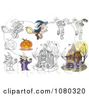 Poster, Art Print Of Colored And Outlined Halloween Witches Mummies Jackolanterns Vampires And Haunted Houses