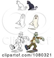 Poster, Art Print Of Colored And Outlined Halloween Cats Ghosts And Frankensteins