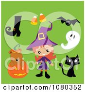 Poster, Art Print Of Cute Halloween Witch Boot Candy Corn Bat Ghost Black Cat And Bear In A Pumpkin
