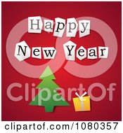 Poster, Art Print Of Cut Happy New Year Letters Over A Christmas Tree And Gift On Red