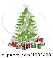 Poster, Art Print Of 3d Christmas Tree With A White Star And Baubles Over Gifts