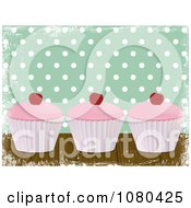 Poster, Art Print Of Grungy Green Polka Dot Background With Three Cupcakes