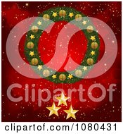 3d Christmas Wreath With Gold Stars Over A Red Starry Background