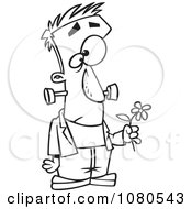 Clipart Outlined Sad Frankenstein Holding A Flower Royalty Free Vector Illustration
