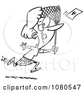 Clipart Outlined Businesswoman Chasing Money With A Net Royalty Free Vector Illustration