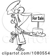 Clipart Outlined Bake Sale Woman Holding Out A Cake Royalty Free Vector Illustration
