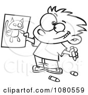 Clipart Outlined Proud Boy Holding His Cat Drawing Royalty Free Vector Illustration