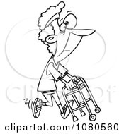 Clipart Outlined Healthy Granny Exercising With Her Walker Royalty Free Vector Illustration