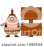 Clipart Chubby Native American Man With Wooden Signs Royalty Free Vector Illustration
