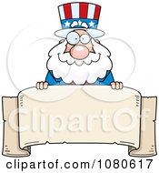 Clipart Chubby Uncle Sam Over A Parchment Banner Royalty Free Vector Illustration