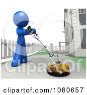 3d Blue Man Cleaning Pavement In His Driveway