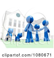 Poster, Art Print Of 3d Blue Family And Pets Standing In Front Of Their House