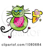 Poster, Art Print Of Doodled Green Cat Holding An Ice Cream Cone