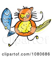 Poster, Art Print Of Doodled Orange Cat Holding A Fish