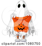 Poster, Art Print Of Halloween Trick Or Treater In A Ghost Costume Holding Out A Candy Bag