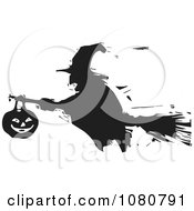 Poster, Art Print Of Black And White Woodcut Silhouetted Witch Flying On A Broomstick