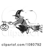 Black And White Woodcut Halloween Witch Flying On A Broomstick