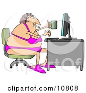 Woman In Her Bra And Underwear Hair In Curlers Smoking A Cigarette Holding A Coffee Mug And Typing On A Computer At A Desk Clipart Illustration by djart