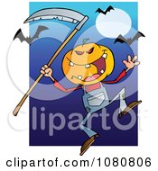 Clipart Halloween Pumpkin Head Jack With A Scythe And Bats Over Blue Royalty Free Vector Illustration