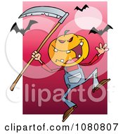 Clipart Halloween Pumpkin Head Jack With A Scythe And Bats Over Pink Royalty Free Vector Illustration
