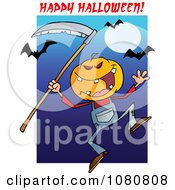 Poster, Art Print Of Happy Halloween Over A Pumpkin Head Jack With A Scythe And Bats Over Blue