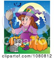 Clipart Halloween Witch And Cat With Pumpkins Royalty Free Vector Illustration
