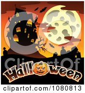 Poster, Art Print Of Haunted House Full Moon And Cemetery Over Halloween Text
