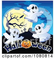 Clipart Ghosts A Full Moon And Cemetery Over Halloween Text Royalty Free Vector Illustration