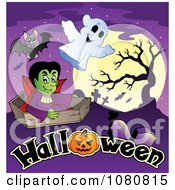 Poster, Art Print Of Bats Ghost Vampire Full Moon And Cemetery Over Halloween Text