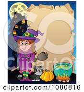 Clipart Halloween Witch Cat And Potion Parchment Sign Royalty Free Vector Illustration
