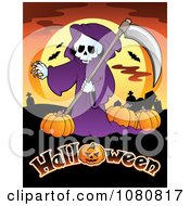 Poster, Art Print Of Grim Reaper With Pumpkins Over Halloween Text