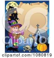 Clipart Halloween Witch Cat And Cemetery Parchment Sign Royalty Free Vector Illustration