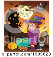 Poster, Art Print Of Halloween Witch And Cat By A Cauldron And Haunted House
