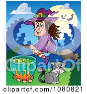 Poster, Art Print Of Halloween Witch Flying Over A Cat And Potion Cauldron