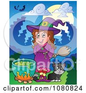 Poster, Art Print Of Halloween Witch And Cat By A Potion Cauldron