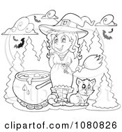 Clipart Outlined Halloween Witch With A Cauldron Royalty Free Vector Illustration